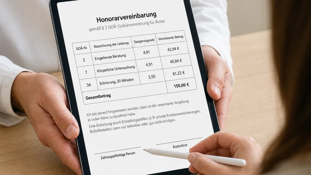 Honorarvereinbarung nach § 2 GOÄ auf einem iPad, eine Person setzt zur Unterschrift an