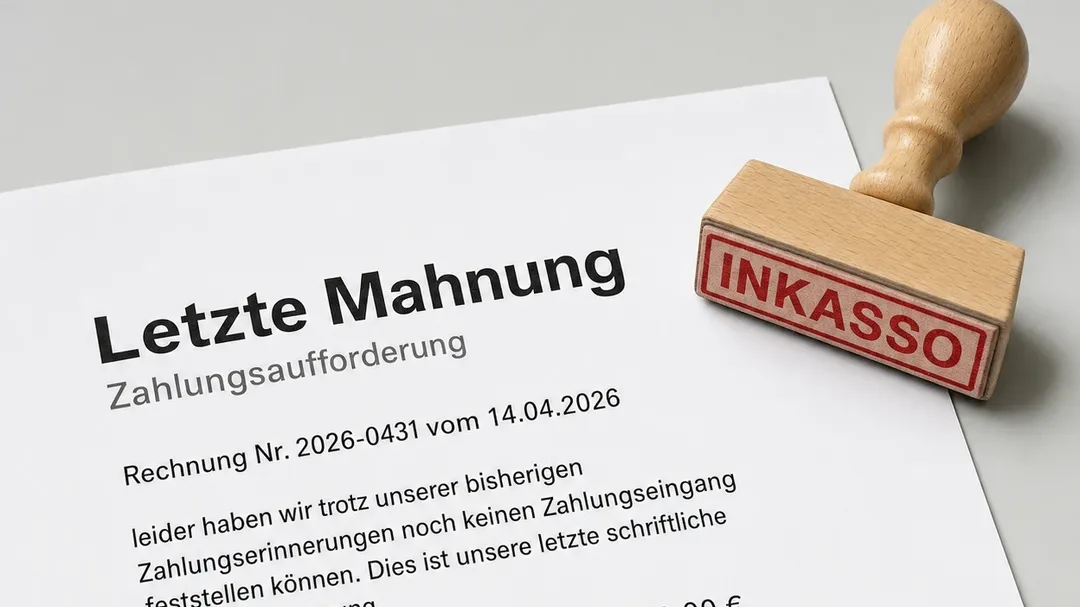 Letzte Mahnung einer Arztpraxis mit rotem Inkasso-Stempel auf dem Schreibtisch
